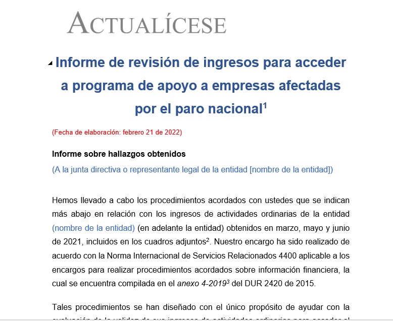 Informe NISR 4400 de revisión de ingresos para acceder al apoyo a empresas afectadas por el paro nacional