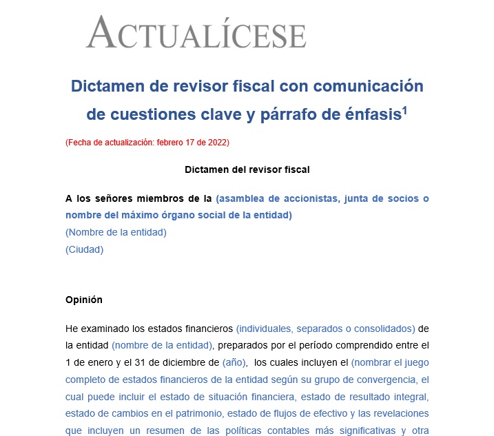 Dictamen de revisor fiscal con comunicación de cuestiones clave y párrafo de énfasis