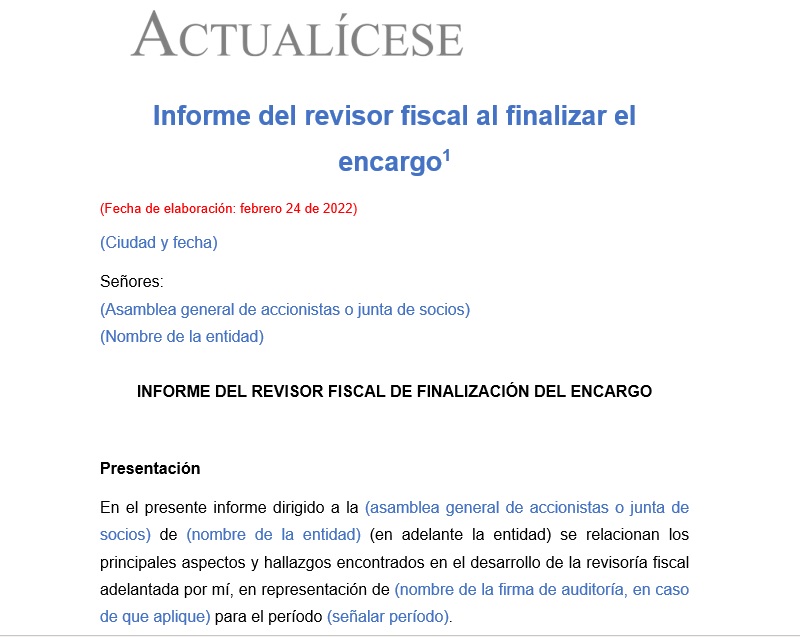 Informe del revisor fiscal al finalizar el encargo