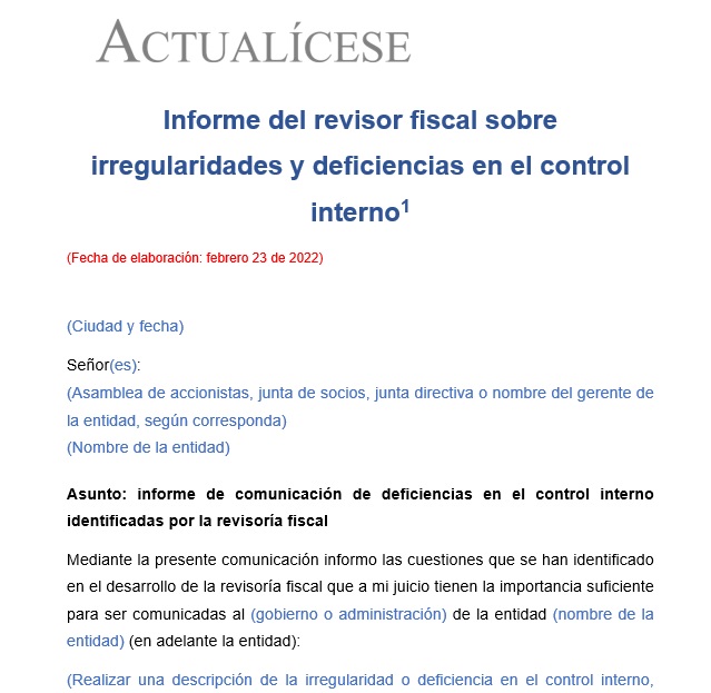 Informe del revisor fiscal sobre irregularidades y deficiencias en el control interno