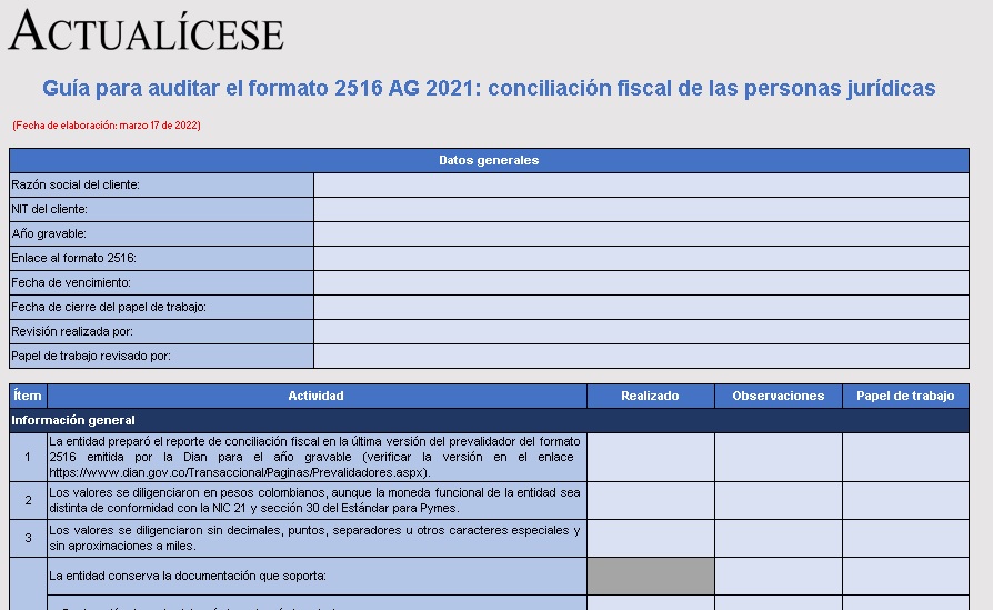 Guía para auditar el formato 2516 AG 2021: conciliación fiscal de las personas jurídicas