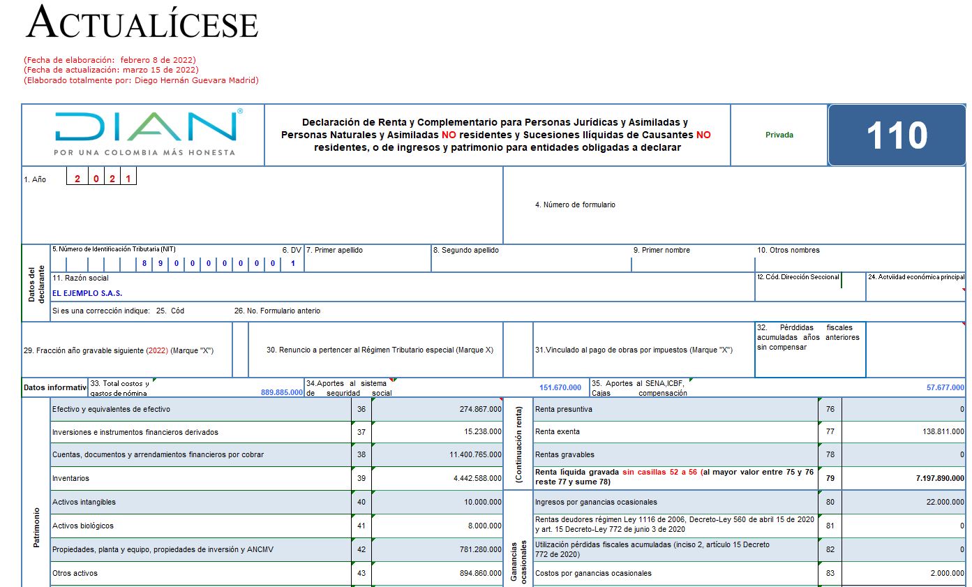 Liquidador del formulario 110 y formato 2516: declaración de renta de personas jurídicas AG 2021