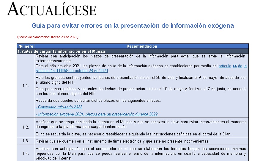 Guía en Excel para evitar errores en la presentación de información exógena