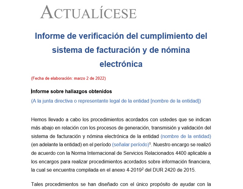 Informe de verificación del cumplimiento del sistema de facturación y nómina electrónica