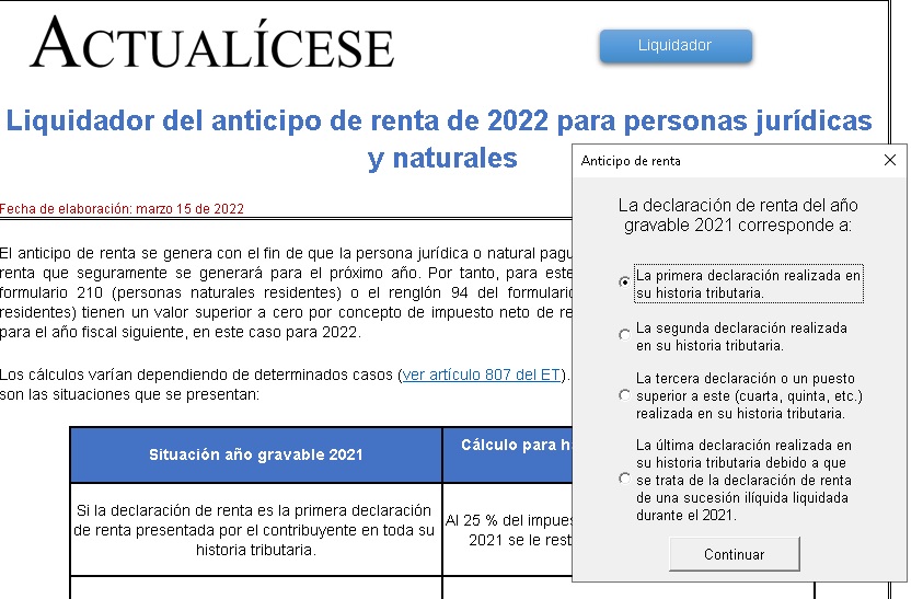 Liquidador del anticipo del impuesto de renta 2022 para personas jurídicas y naturales