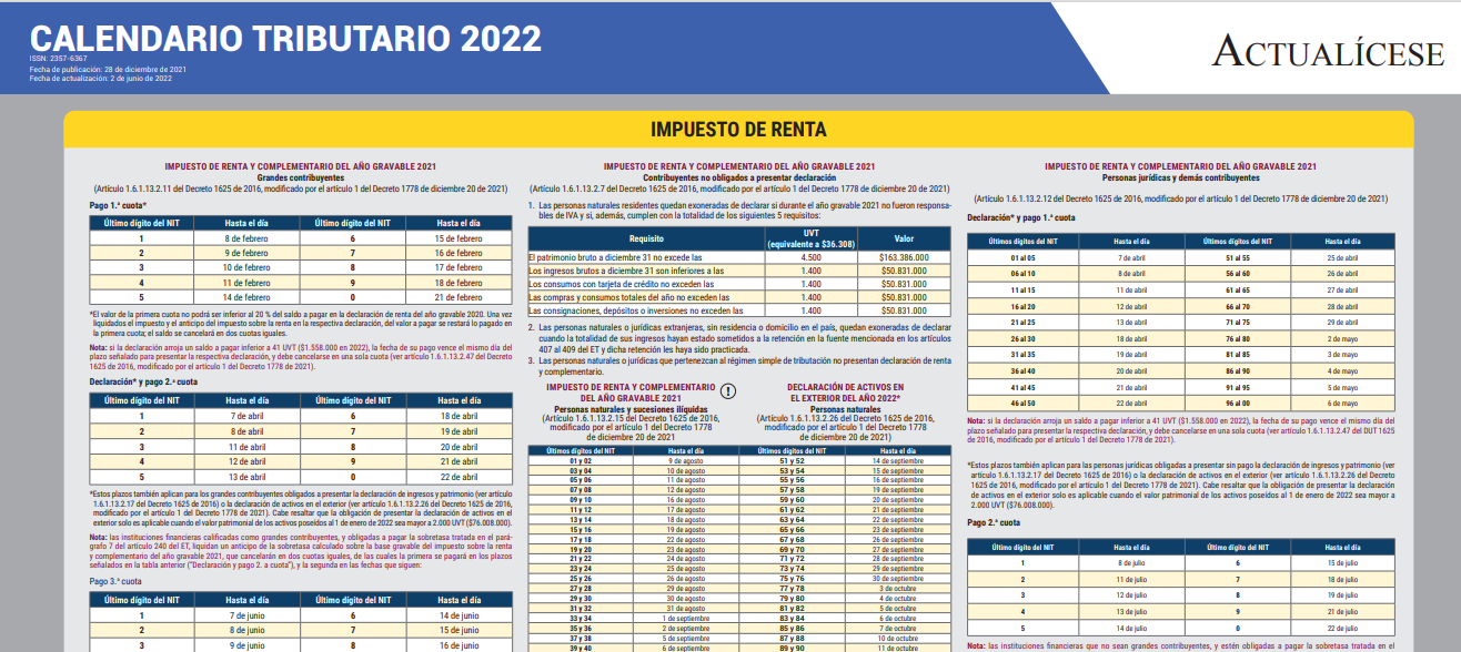 Calendario tributario 2022 – versión para imprimir