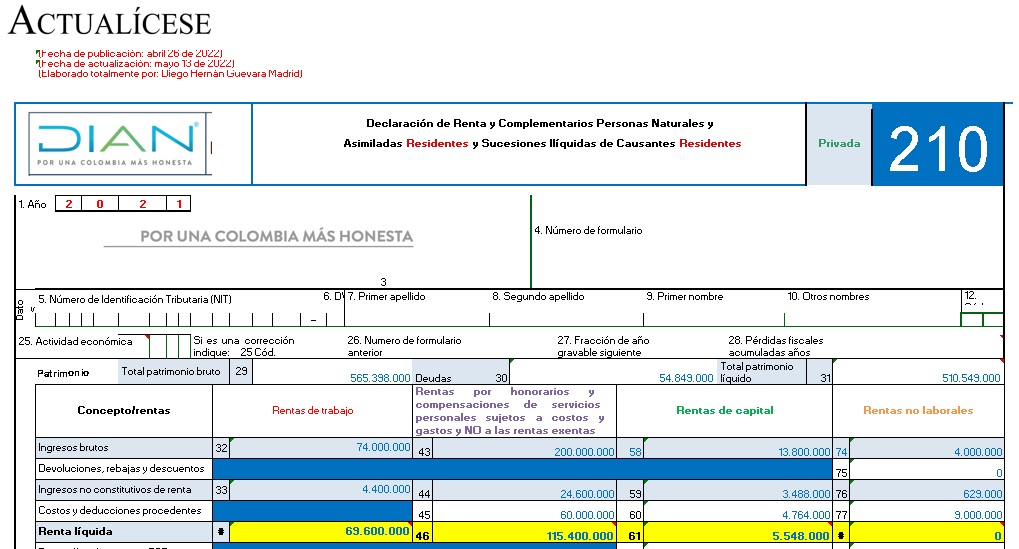 Formulario 210: declaración de renta de personas naturales residentes que no llevan contabilidad AG 2021