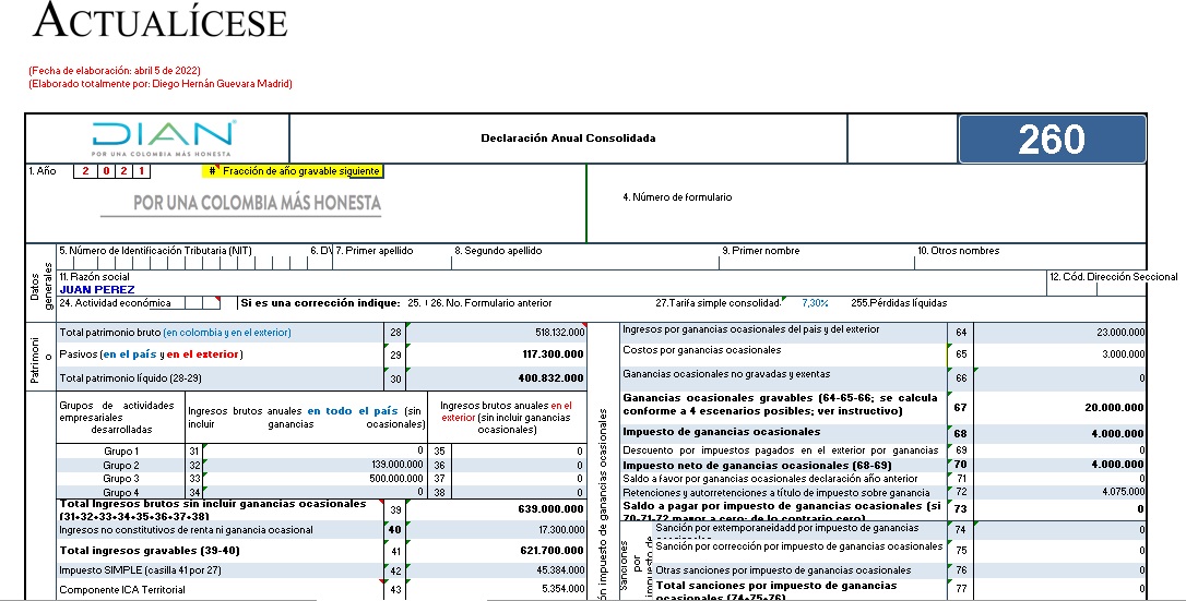 Formulario 260 AG 2021 – declaración anual del régimen simple (personas naturales que no llevan contabilidad)