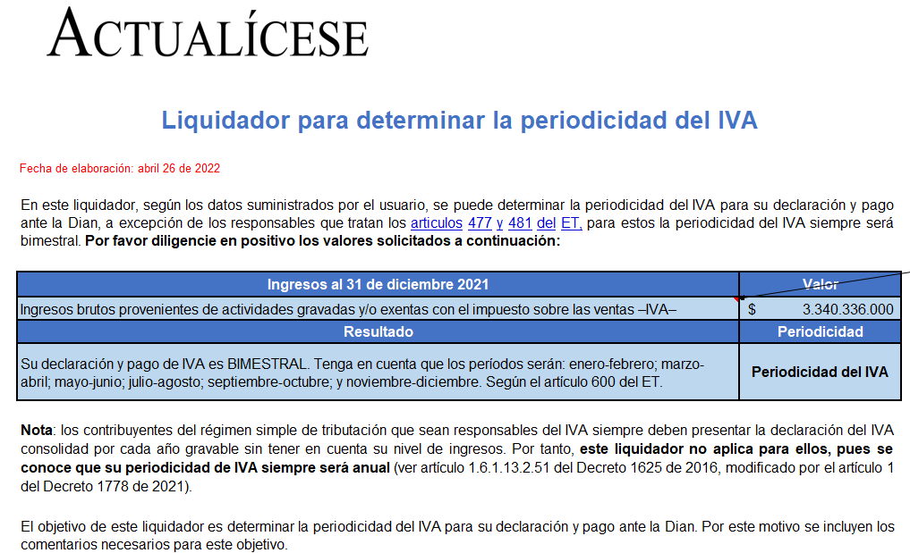 Liquidador para determinar la periodicidad del IVA