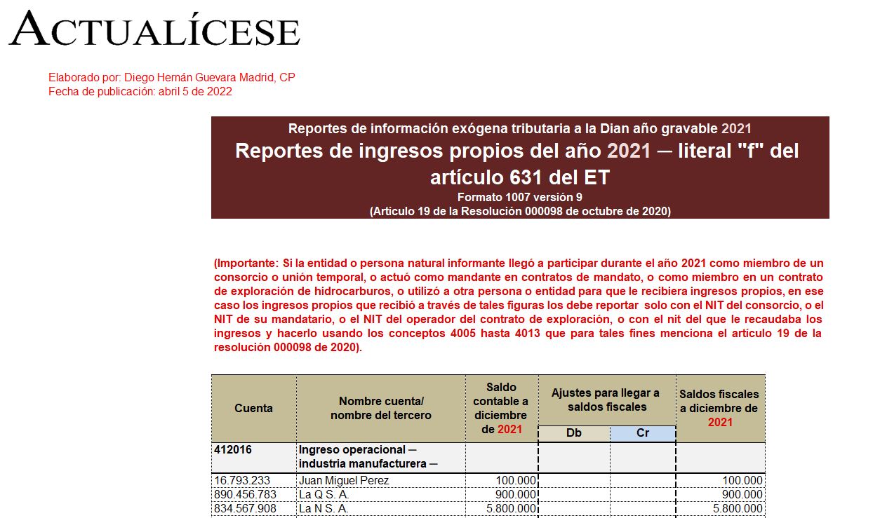 Plantilla del formato 1007 para el reporte de exógena 2021: información de ingresos propios