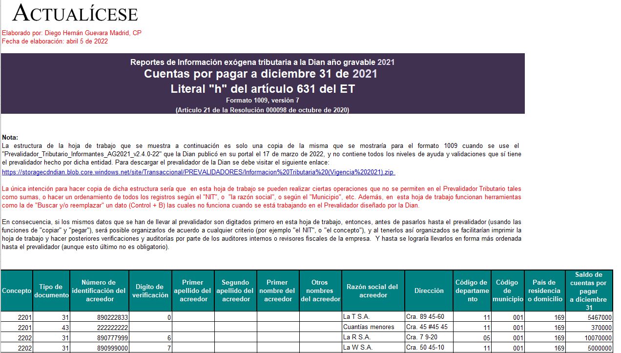 Plantilla del formato 1009 para el reporte de exógena 2021: información de cuentas por pagar