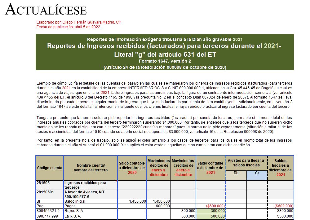 Plantilla del formato 1647 para el reporte de ingresos recibidos para terceros – exógena 2021