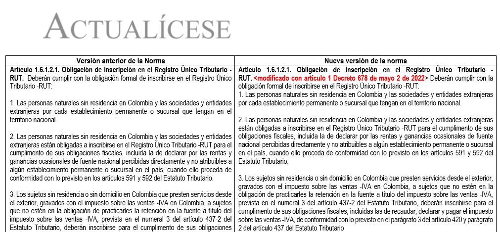 Comparativo de normas del DUT 1625 de 2016 relacionadas con el RUT y afectadas por el Decreto 678 de 2022