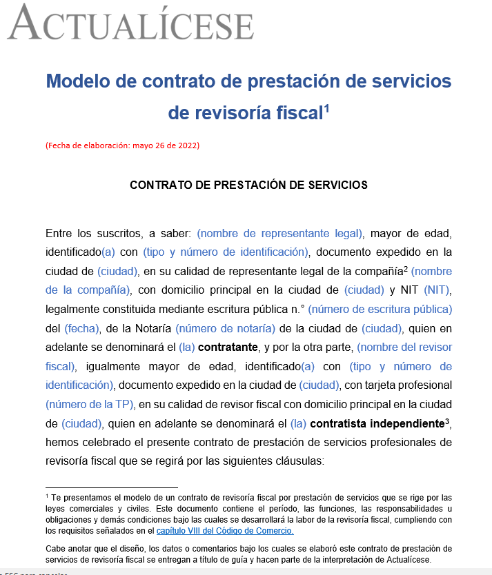 Modelo de contrato de prestación de servicios de revisoría fiscal