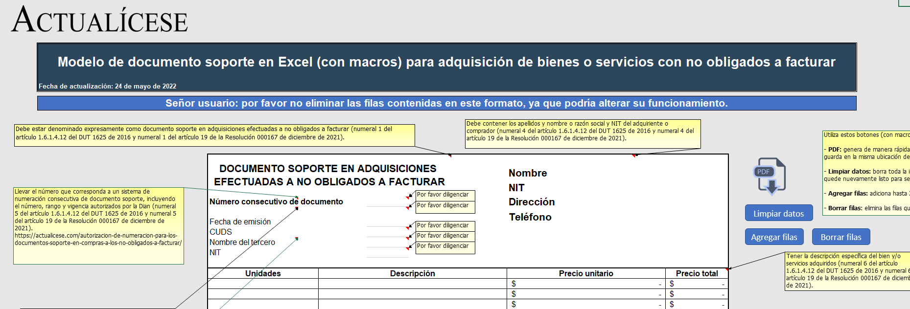 Modelo en Excel (con macros) del documento soporte para operaciones con no obligados a facturar