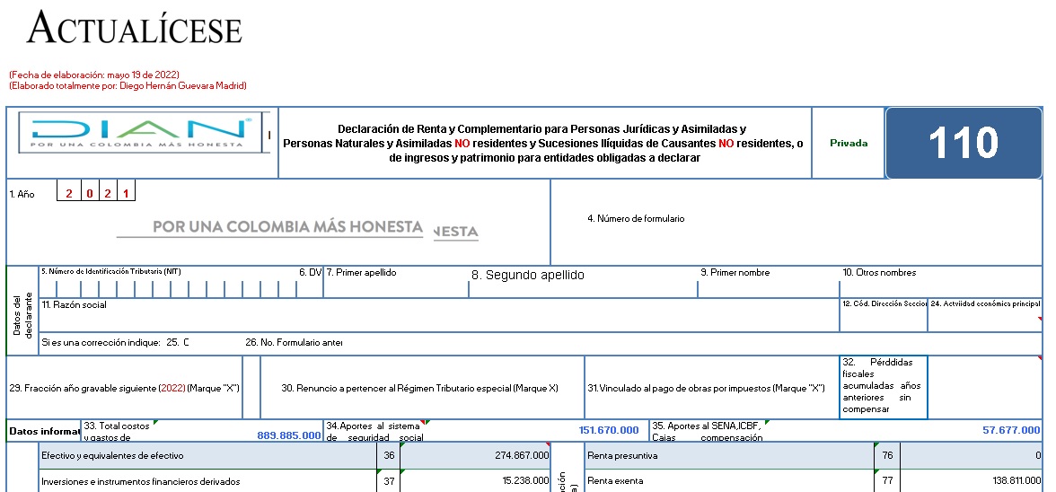 Formulario 110 y formato 2516 AG 2021 – declaración de renta de personas naturales no residentes que llevan contabilidad