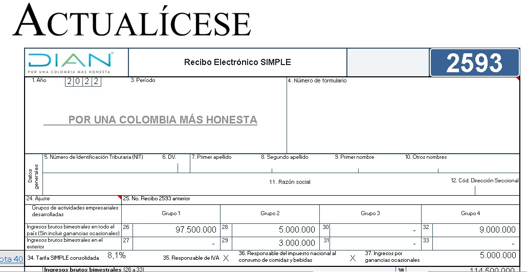 Excel del formulario 2593 AG 2022: declaración de anticipos bimestrales – régimen simple