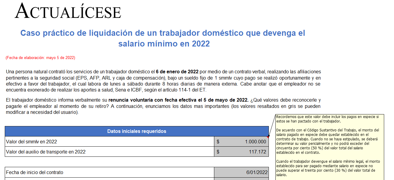 Caso práctico de liquidación de un trabajador doméstico que devenga el salario mínimo en 2022