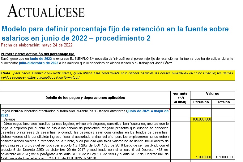 Liquidador de porcentaje fijo de retención en la fuente sobre salarios en junio de 2022 – procedimiento 2