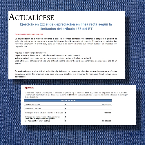 Ejercicio en Excel de depreciación en línea recta según la limitación del artículo 137 del ET