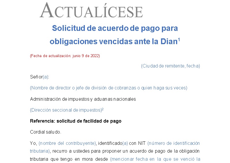 Carta para solicitar acuerdo de pago para obligaciones vencidas ante la Dian