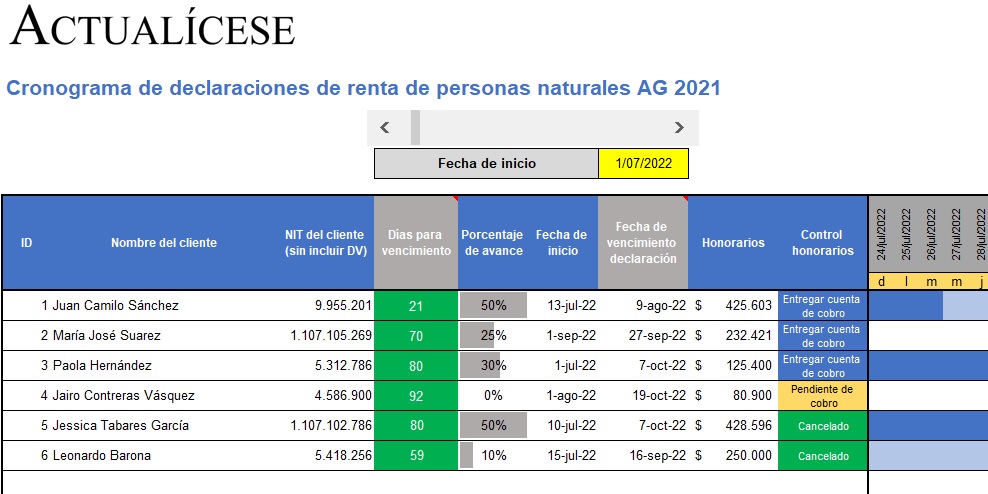 Formato de control de clientes de declaración de renta de persona natural