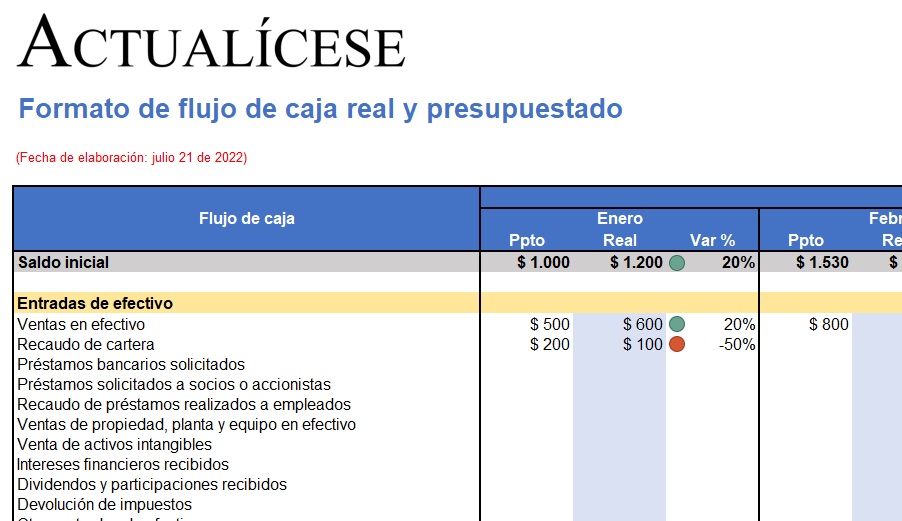 Formato de flujo de caja real y presupuestado