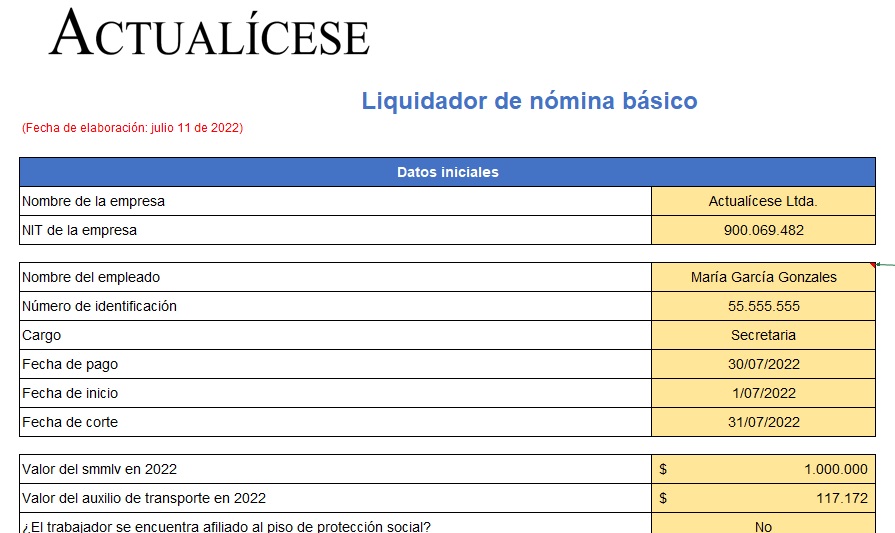 Liquidador y desprendible de nómina básico en Excel