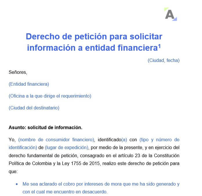 Derecho de petición para solicitar información a entidad financiera