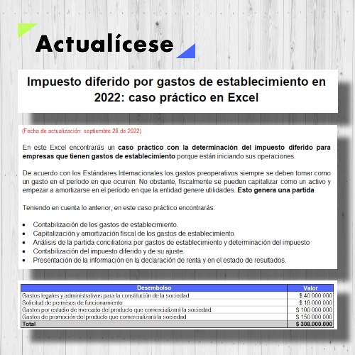 Impuesto diferido por gastos de establecimiento en 2022: caso práctico en Excel