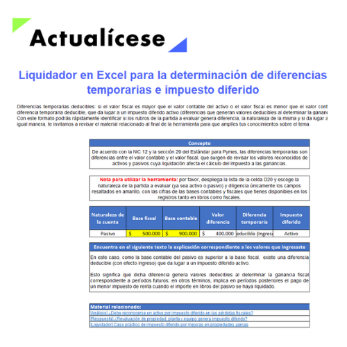 Liquidador en Excel para la determinación de diferencias temporarias e impuesto diferido