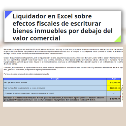 Liquidador en Excel sobre efectos fiscales de escriturar bienes inmuebles por debajo del valor comercial