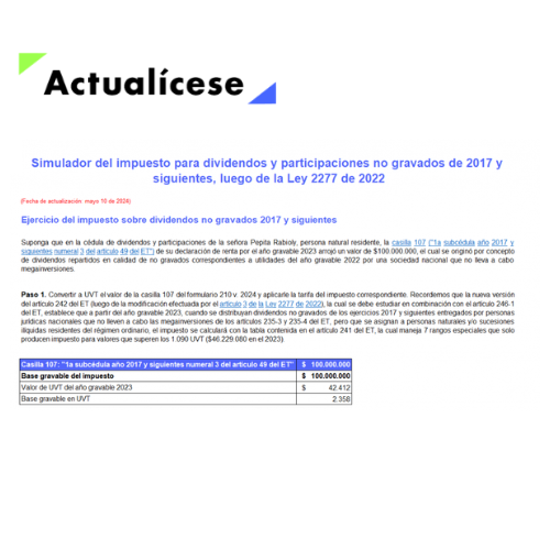 Simulador del impuesto para dividendos y participaciones no gravados de 2017 y siguientes luego de la Ley 2277 de 2022