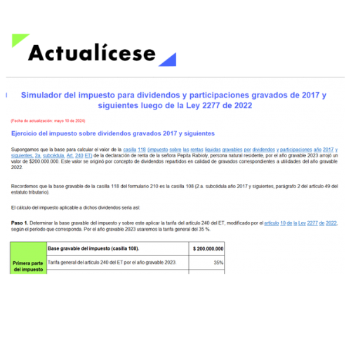Simulador del impuesto para dividendos y participaciones gravados de 2017 y siguientes luego de la Ley 2277 de 2022