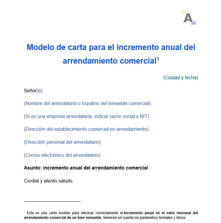 Modelo de carta para el incremento anual del arrendamiento comercial