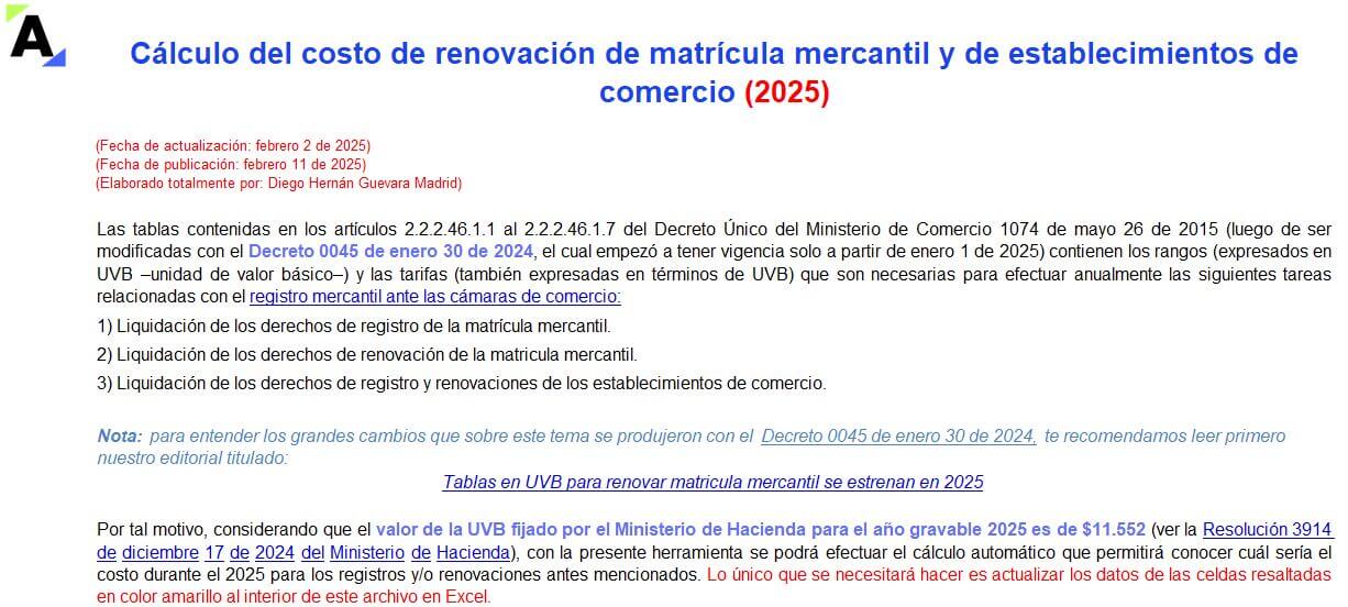 [Liquidador] Cálculo del costo de renovación de matrícula mercantil y de establecimientos de comercio (2025)