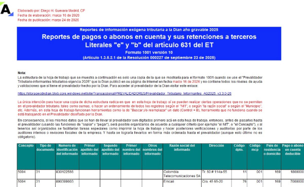 [Liquidador] Plantilla del formato 1001 del año gravable 2025: reporte de exógena de pagos o abonos en cuenta