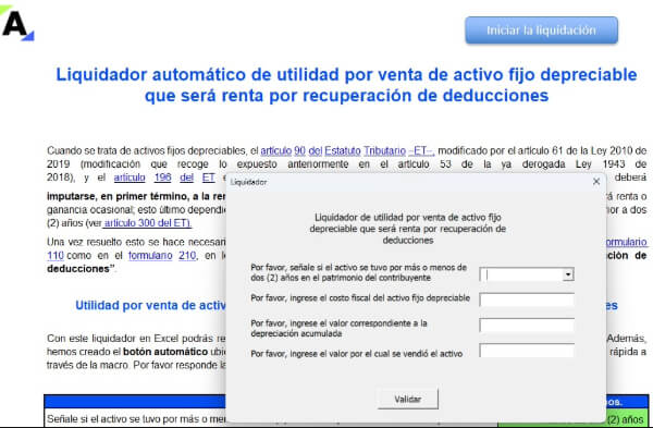 Liquidador automático de utilidad por venta de activo fijo depreciable que será renta por recuperación de deducciones