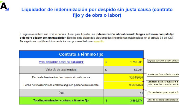 Liquidador de indemnización por despido sin justa causa (contrato fijo y de obra o labor)