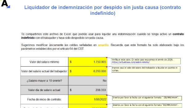 Liquidador de indemnización por despido sin justa causa (contrato indefinido)