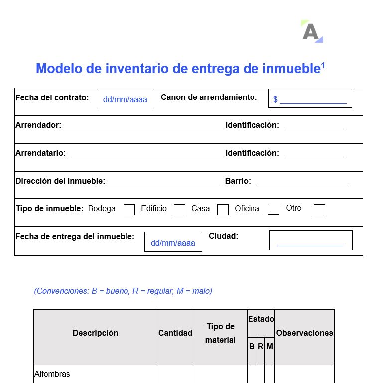 Modelo de inventario de entrega de un bien inmueble