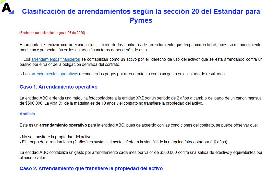 Clasificación de arrendamientos según la sección 20 del Estándar para Pymes