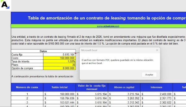[Liquidador] Tabla de amortización en Excel de un contrato de leasing
