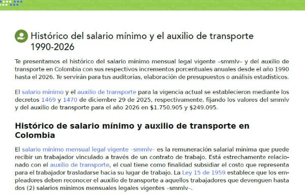 Histórico del salario mínimo y el auxilio de transporte 1990-2026