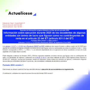 Screenshot of Actualícese website header with logo and a blue information banner describing 2025 tax rules for non‑profit entities under article 23 of the ET.