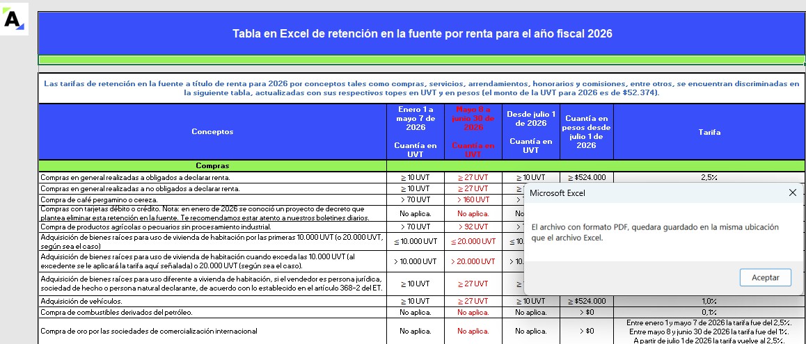 Tabla en Excel de retención en la fuente por renta para el año fiscal 2026