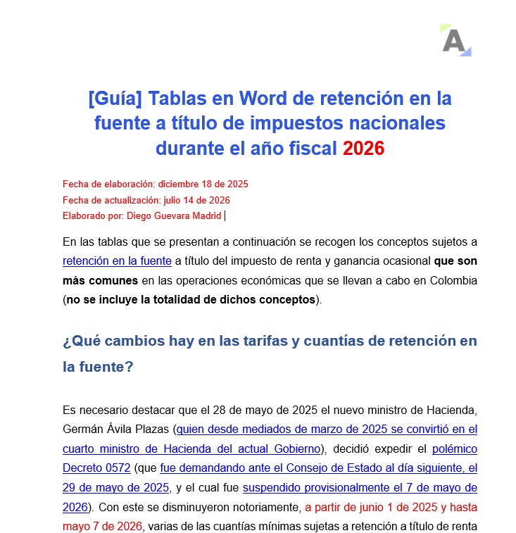 Tablas en Word de retención en la fuente a título de impuestos nacionales durante el año fiscal 2026