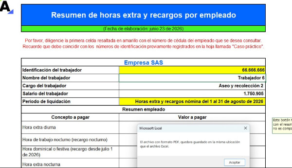 Liquidador del valor de horas extra y recargos con jornada laboral de 42 horas en 2026