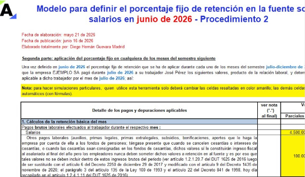 Liquidador en Excel del porcentaje fijo de retención en la fuente – Procedimiento 2 (junio de 2026)