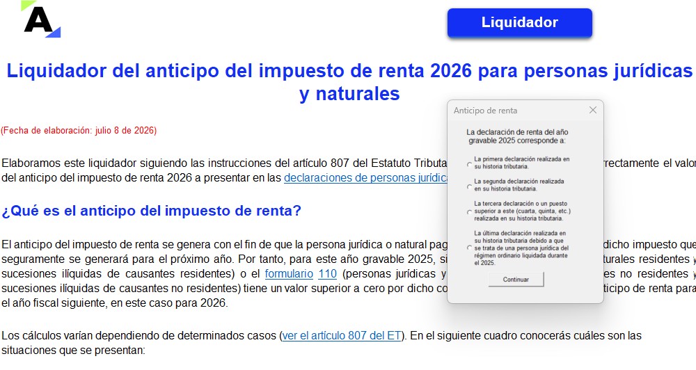Liquidador del anticipo del impuesto de renta 2026 para personas jurídicas y naturales